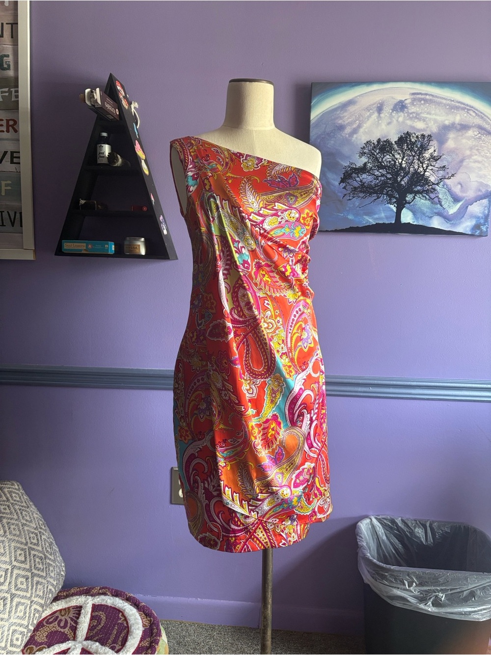 Ralph Lauren One-Shoulder Paisley Cocktail Dress in Red and Pink